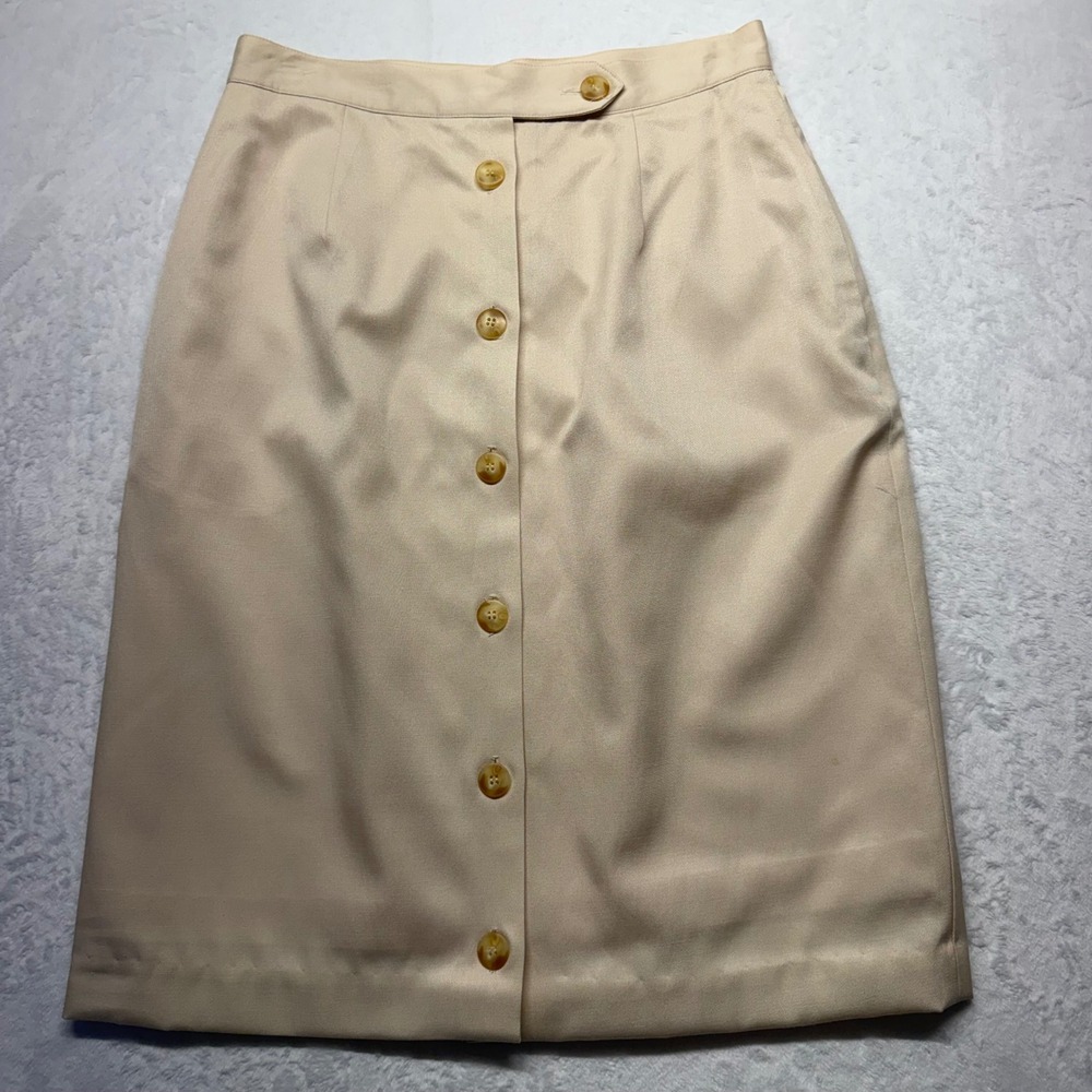 Vintage Avery Quinn Silk Cotton Pencil Skirt 12 Cream Button Front Lined Womens